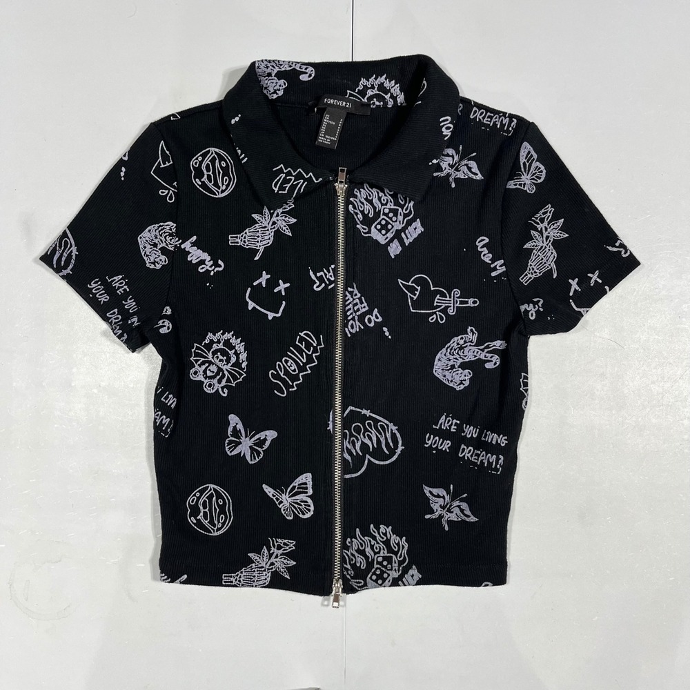 Forever 21 Y2K Whimsigoth Graphic Print Ribbed Full Zip Polo Shirt Small Grunge